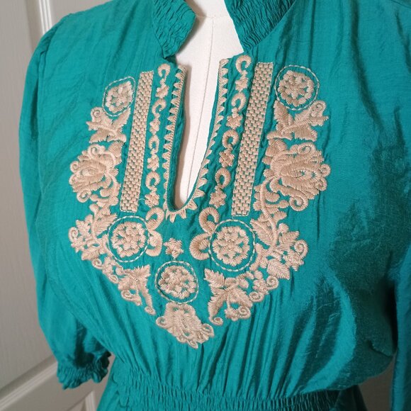 Neslay Paris Teal Green Embroidered Boho Mini Poof Bubble Dress Large - Picture 4 of 13